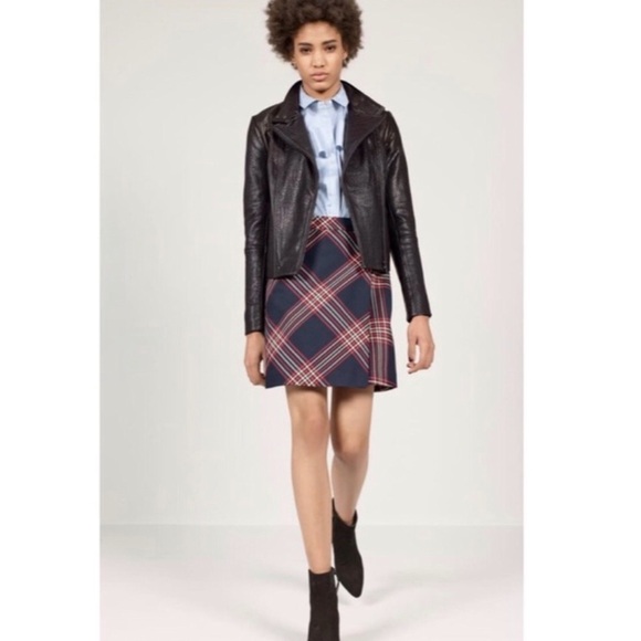 Halogen Mini Skirt Plaid Tweed A Line Navy Blue Red Faux Wrap Mini Skirt Size 12 - Picture 3 of 6